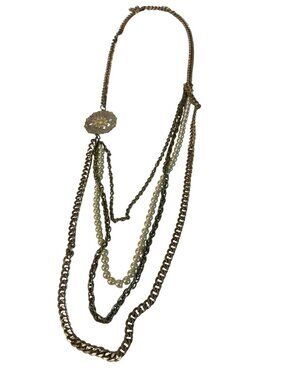 VTG Chain Necklace Layered Faux Pearl & Gold-Tone Filigree Pendant Statement